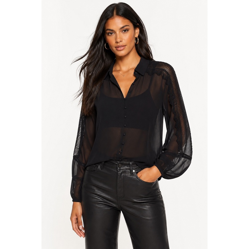 Zara Basic Black Sheer Lace Crochet Trim Chiffon Blouse Button Down Top XS